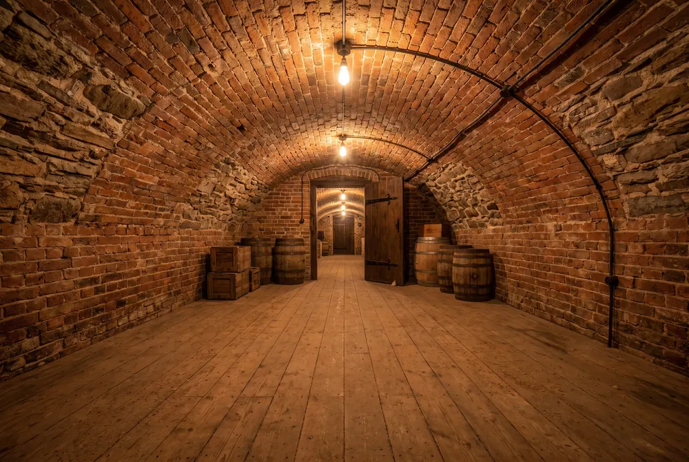 Generated illustration: a vaulted red-brick passage lit by bare bulbs, in the style of the 1920s
